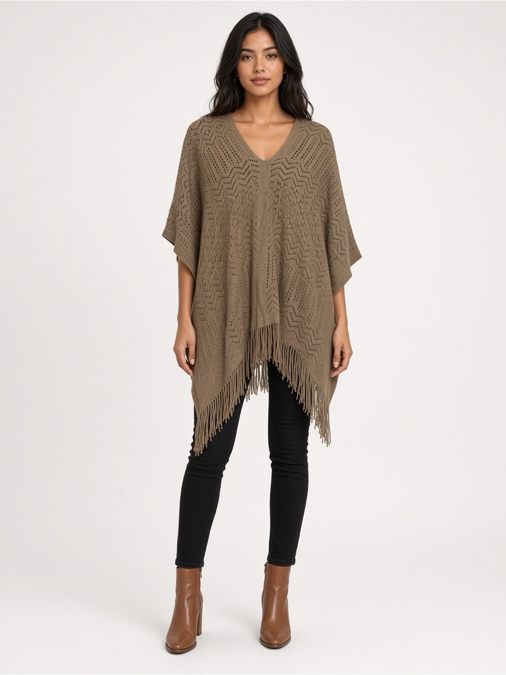 Taupe Open Knit Fringe Poncho V Neck Boho